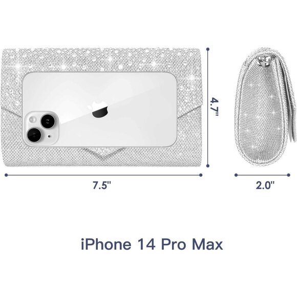 Women Silver Imported Magnetic Purse Rhinestone Envelope Party Handbag - Picture 3 of 7